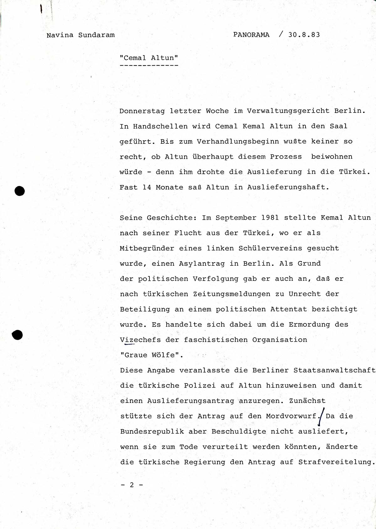 Manuskript zum Panorama-Beitrag: Der Fall Kemal Altun