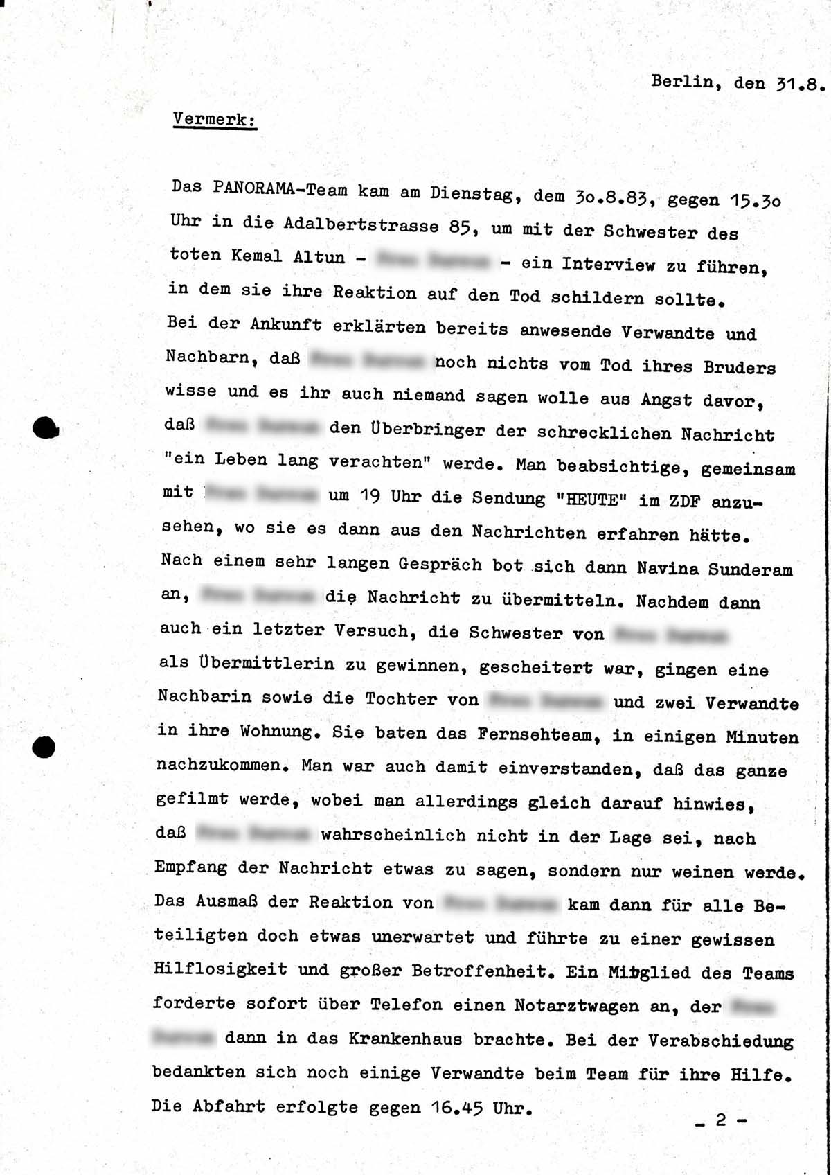 Vermerk zum Hergang der Dreharbeiten