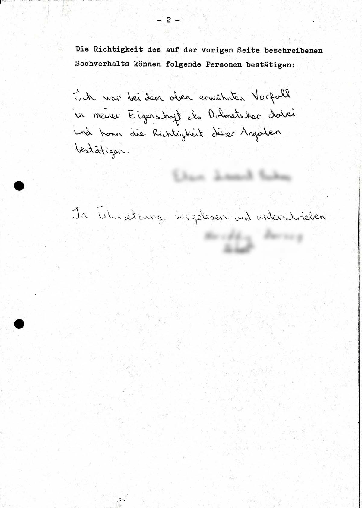 Vermerk zum Hergang der Dreharbeiten