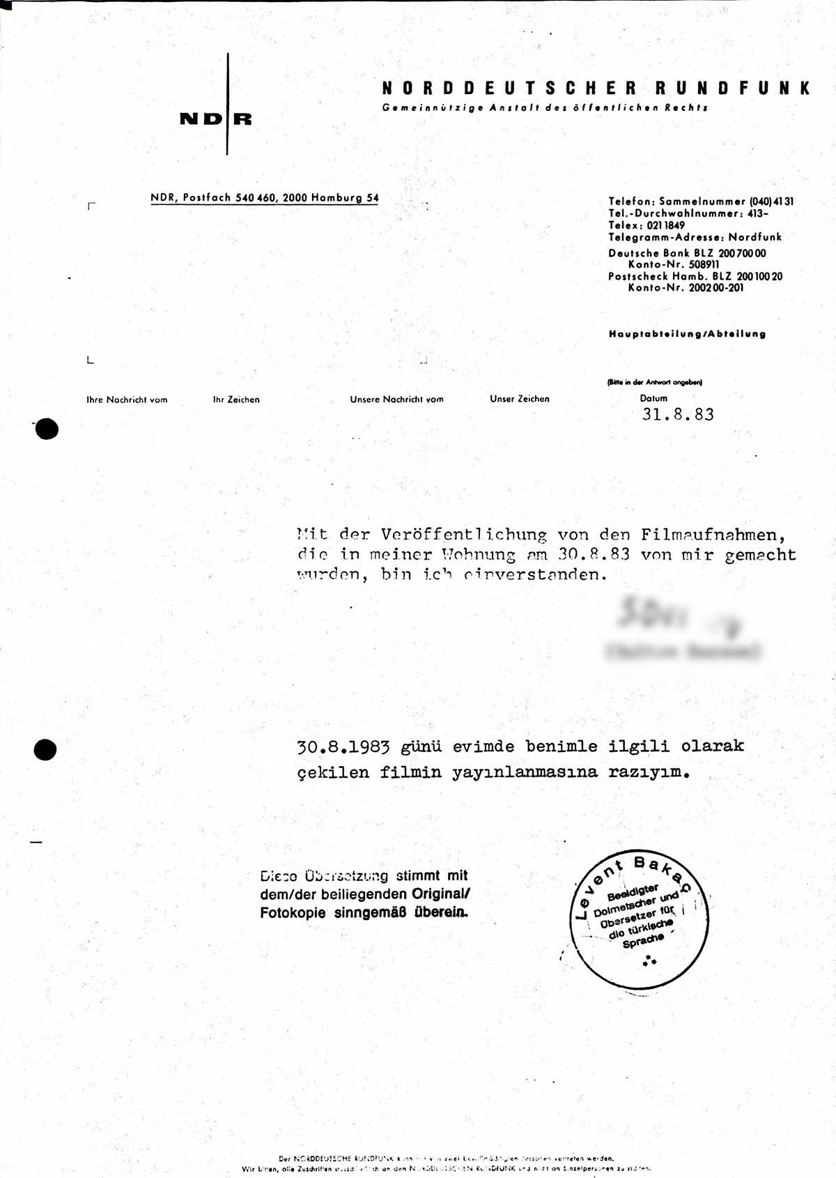 Vermerk zum Hergang der Dreharbeiten