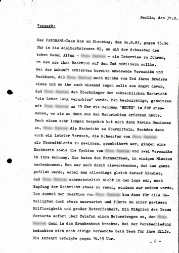 Vermerk zum Hergang der Dreharbeiten
